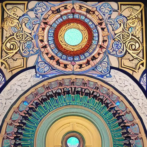 Image similar to huge 3 d plasterwork mural colourful detailed ornamental abstract art nouveau large circle mandala, full sized circle, art by alphonse mucha and walter crane and louis sullivan and william morris