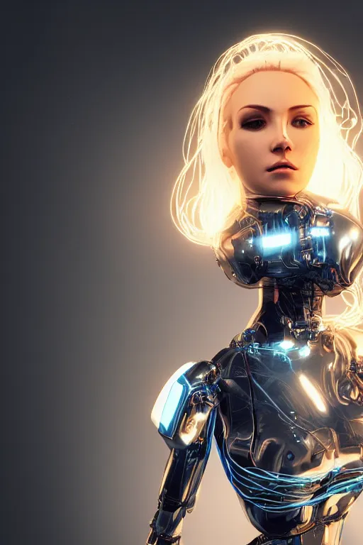 Image similar to a beautiful woman with blonde hair wearing robot suit with wires and light, highly detailed, photorealistic, artstation, smooth