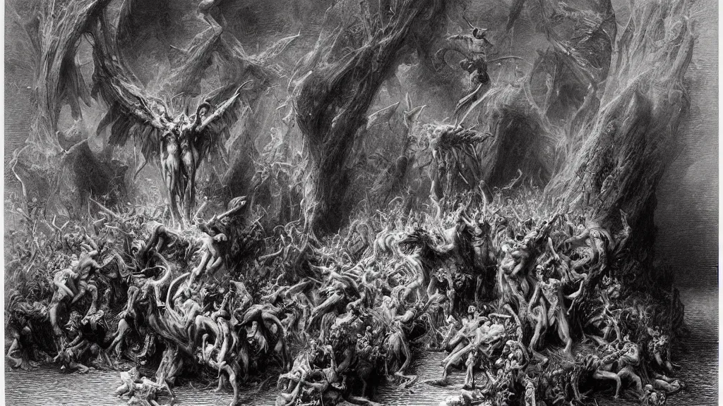 Image similar to satans fall from paradise into hell by gustave dore, james ryman, wayne barlowe. muted color