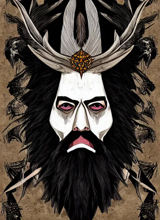 Image similar to warlock with the head of a raven, wind magic, exquisite details, black beard, white background, by studio muti