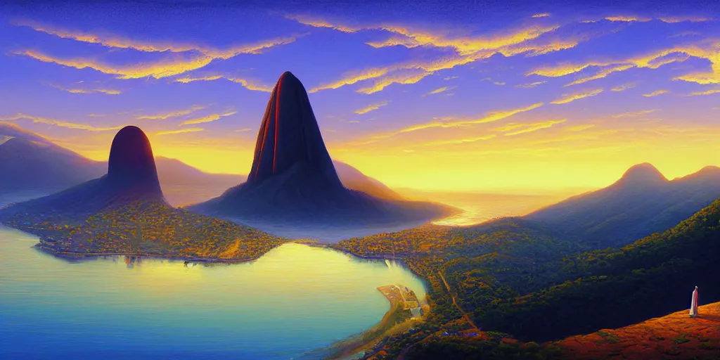 Prompt: pastels painting of sunset over RIo de Janiero, Christ the Redeemer, panoramic, digital painting, by RHADS and Moebius