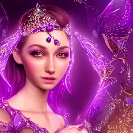 Image similar to portrait princess of amethyst, glowing, ornate and intricate purple jewelry, jaw dropping beauty, glowing background lighting, purple accent lighting, hyper detailed, fairy tale, 4 k octane render