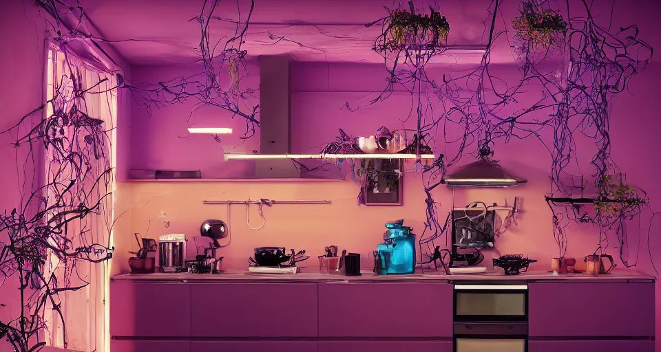 Prompt: IKEA catalogue photo, high end farm house style kitchen, cyberpunk with neon lighting, purple, cyan, orange, organic, vines by Beksiński