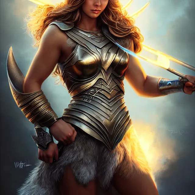 Image similar to beautiful valkyrie warrior with light powers, highly detailed, 4 k, hdr, smooth, sharp focus, high resolution, award - winning photo, artgerm, photorealistic