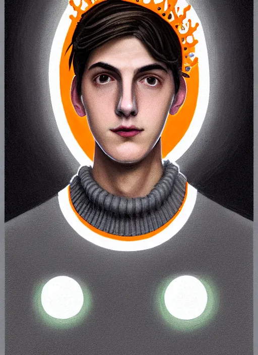 Image similar to portrait of teenage jughead jones wearing a light grey crown, symmetrical crown, sweater with picture of hamburger, eyes closed, crown, black hair, orange, intricate, elegant, glowing lights, warm lighting, highly detailed, digital painting, artstation, concept art, smooth, sharp focus, illustration, art by wlop, mars ravelo and greg rutkowski