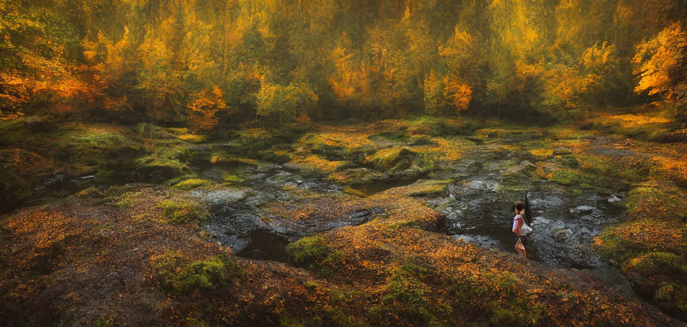 Prompt: sparse stone cottages underneath a dense tall forest, pristine ponds. fine painting intricate brush strokes, bright depth oil colors. 2 8 mm perspective photography by araken alcantara. intense promiseful happiness, autumn sunrise warm light. hopeful environment of bodyscapes