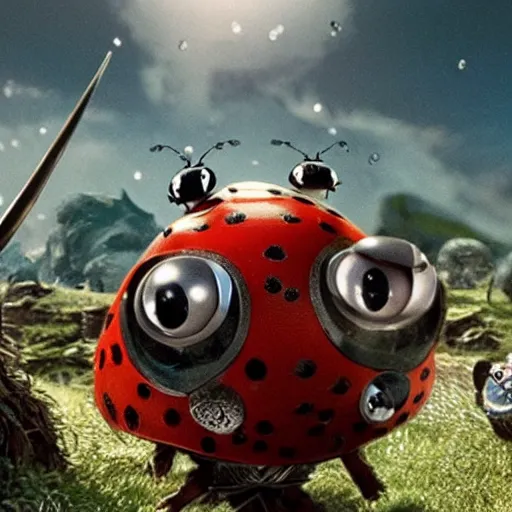 Prompt: promotional movie still, ladybugs, ladybug quadruped with big piercing eyes, ladybug hobbits, ladybug robots, space western, the fellowship of the ring ( film )