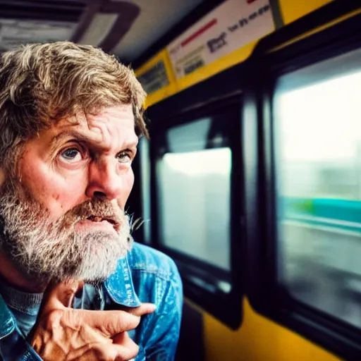 Image similar to a very confused and scared man riding a train for the first time, 8 5 mm shot