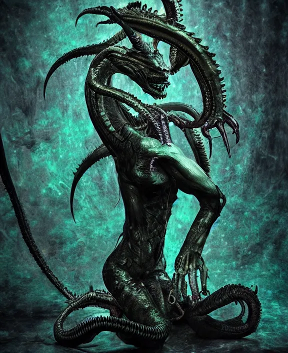 Prompt: xenomorph queen goth meditating model hybrid, dragon eggs, dark emerald mist colors, giger background liminal void, cinematic lighting, realistic, award winning photograph, various refining methods, micro macro autofocus