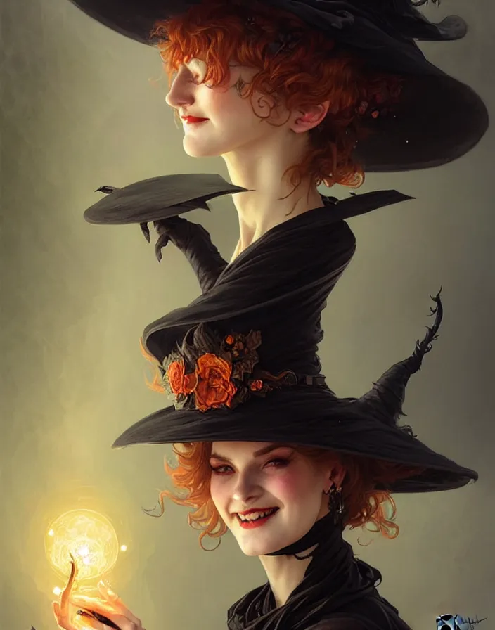 Image similar to halloween witch woman in a hat smiles, fantasy magic, undercut hairstyle, dark light night, intricate, elegant, sharp focus, illustration, highly detailed, digital painting, concept art, matte, art by wlop and artgerm and greg rutkowski and alphonse mucha, masterpiece