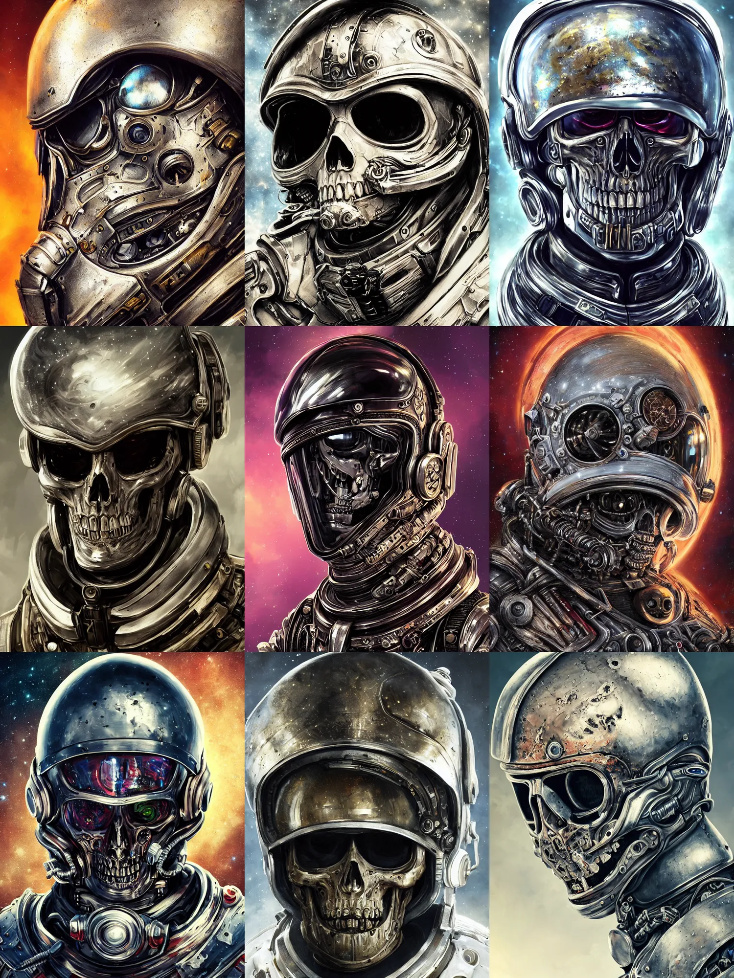 Prompt: portrait art of 8k ultra realistic undead retro futuristic astronaut skull , galaxy reflected in helmet , detailed intricate ornate armour,corrupted, cybernetic, full of colour, cinematic lighting, battered, trending on artstation, 4k, hyperrealistic, focused, extreme details,unreal engine 5, cinematic, masterpiece, art by ayami kojima, giger