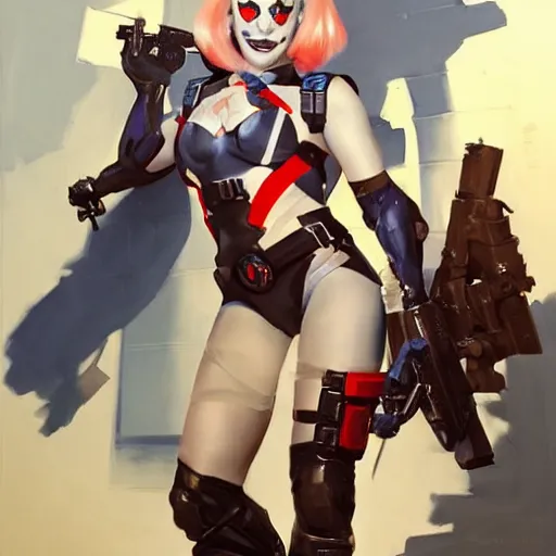 Image similar to greg manchess portrait painting of armored harley quinn as overwatch character, medium shot, asymmetrical, profile picture, organic painting, sunny day, matte painting, bold shapes, hard edges, street art, trending on artstation, by huang guangjian and gil elvgren and sachin teng