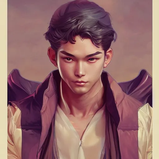 Image similar to character concept, wide angle, symmetrical head - on centralized, young man with japanese clothes. detailed, high quality, dynamic lightning, fantasy, scenematic. artwork by artgerm, wlop, alex ross, greg rutknowski, alphonse mucha