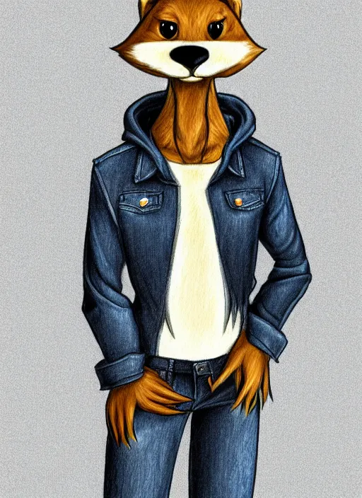 Image similar to expressive stylized master furry artist digital colored pencil painting full body portrait character study of the otter ( sergal ) small head fursona animal person wearing clothes jacket and jeans by master furry artist blotch, sharp focus