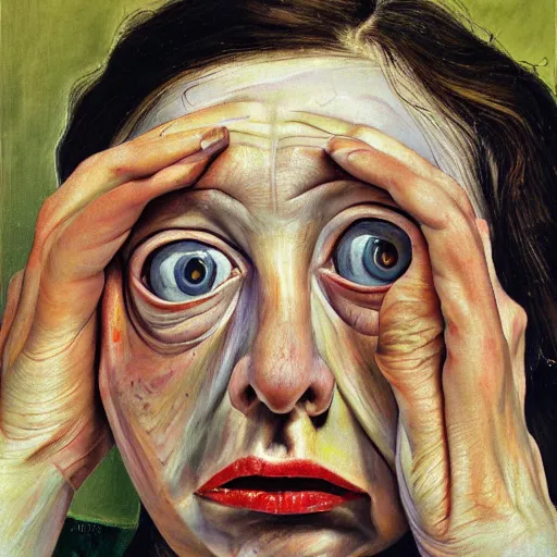 Image similar to high quality high detail painting by lucian freud, hd, scared woman, big eyes, vivid colors, photorealistic lighting