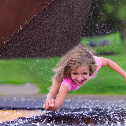 Image similar to kid sliding down chocolate pudding slip n slide head first, professional photo taken at the park