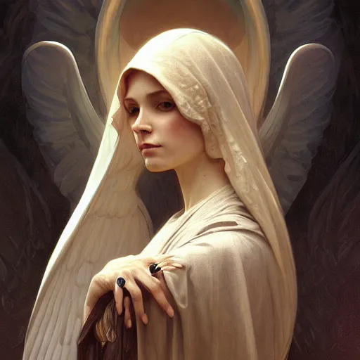 Image similar to portrait of the angel of death, intricate, elegant, highly detailed, digital painting, artstation, concept art, smooth, sharp focus, illustration, art by artgerm and greg rutkowski and alphonse mucha and william - adolphe bouguereau