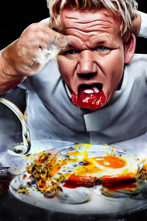 Image similar to the detailed close up image of Gordon Ramsay vomiting, puke flying everywhere, disgusting, puke coming from nose, vomit, detailed, 4K