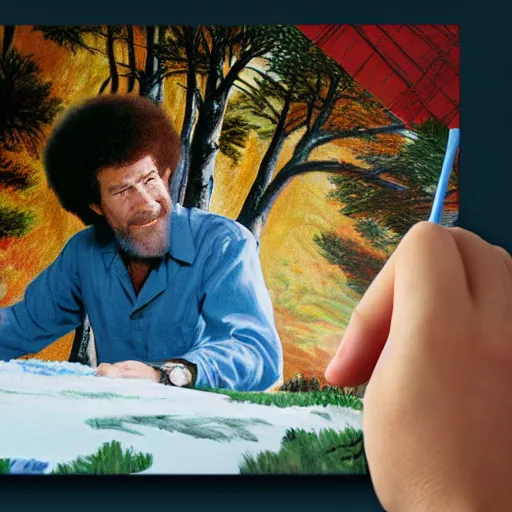 Image similar to a closeup photorealistic photograph of bob ross working on a canvas painting of spiderman. film still. brightly lit scene. mountains and trees. this 4 k hd image is trending on artstation, featured on behance, well - rendered, extra crisp, features intricate detail, epic composition and the style of unreal engine.