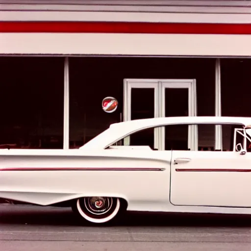 Image similar to 3 5 mm film photo of a white 1 9 6 0 s chevy impala with a red interior outside an old gas station