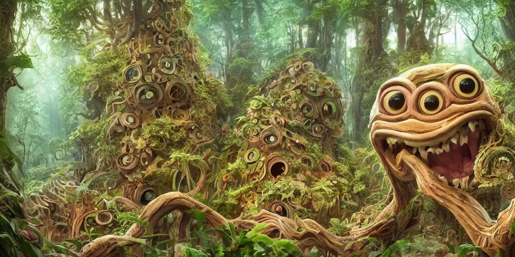 Image similar to of an intricate forest with strange cute friendly happy creatures with huge eyes, mouth, long tongue, round teeth and goofy face, appearing from the background, in the style of gehry and gaudi, macro lens, shallow depth of field, ultra detailed, digital painting, trending artstation, concept art, illustration, cinematic lighting, photorealism, epic, octane render