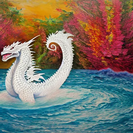 Prompt: highly detailed oil painting of a white dragon sitting in a colorful hotspring