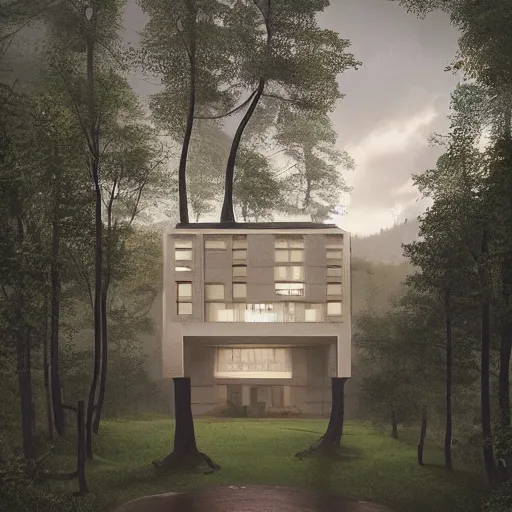 Image similar to beige rectangular house with big atrium surrounded by collumns, on a hill surrounded by big trees, dramatic lighting, artstation, matte painting, raphael lacoste, simon stalenhag, frank lloyd wright, zaha hadid, drone view