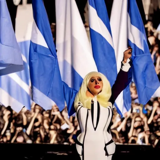 Image similar to Lady Gaga as president, Argentina presidential rally, Argentine flags behind, bokeh, giving a speech, detailed face, Argentina