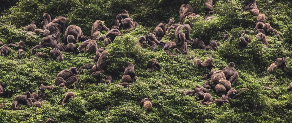 Prompt: A rocky mountain ridge covered with large monkeys, great photography, ambient light