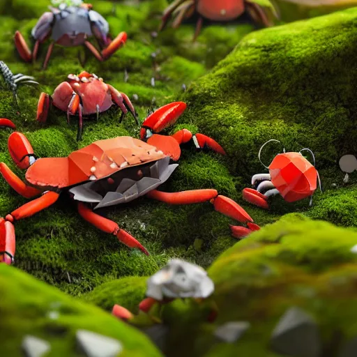 Prompt: large group of crabs and worms, crawling along a bed of moss, low poly, creeper world, handcrafted, artstation, hyperrealistic, hard light, best practices, creeptastic, photorealism, macro perspective, cuddly, Voidless of the Festival!, The Graveyard!!