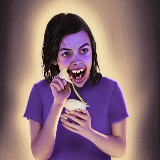 Image similar to young vampire aubrey plaza eating a clove of garlic, art by beeple