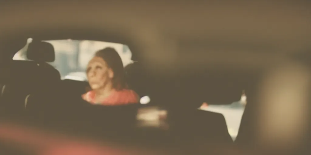 Prompt: a scary woman with holes for eyes, seen through a car rear view mirror, it's in the back seat, shallow depth of field, cinematic, horror movie