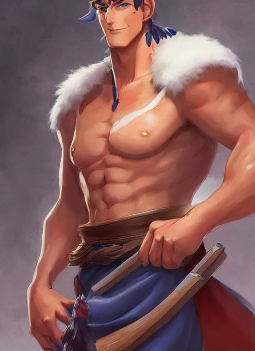 Image similar to official digital painting artwork of a male warrior character by don bluth, artgerm ross tran and studio ghibli.