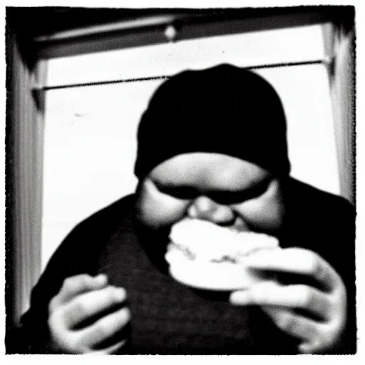 Prompt: a black and white film snapshot of a fat man biting into a sandwich. holga, lomo, lomography, retro, toy camera, film, plus - x, vintage, photo