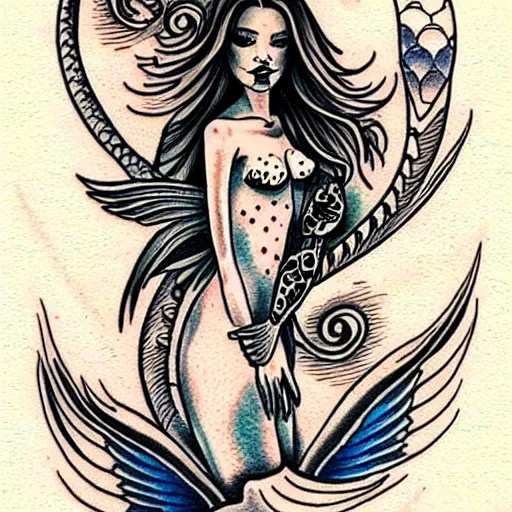 Image similar to american traditional tattoo art of a mermaid