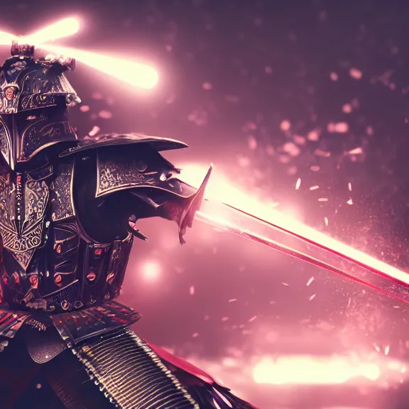 Prompt: advanced metal samurai armor, glowing led, splash art, movie still, cinematic lighting, dramatic, octane render, long lens, shallow depth of field, bokeh, anamorphic lens flare, 8k, hyper detailed, 35mm film grain