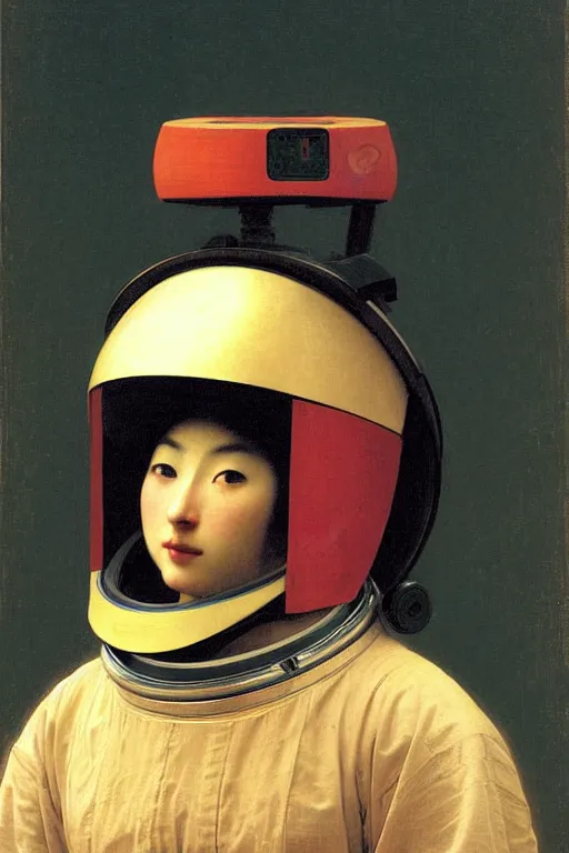 Image similar to portrait of a astronaut in samurai helmets, by bouguereau