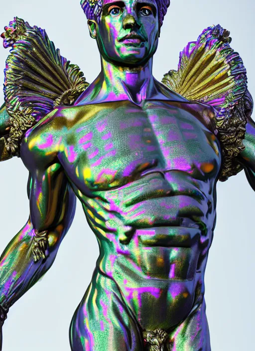 Image similar to stylized rainbow bismuth ornate statue full body made of marble of caesar, perfect symmetrical body, perfect symmetrical face, hyper realistic, hyper detailed, by johannen voss, by michelangelo, octane render, blender, 8 k, displayed in pure white studio room