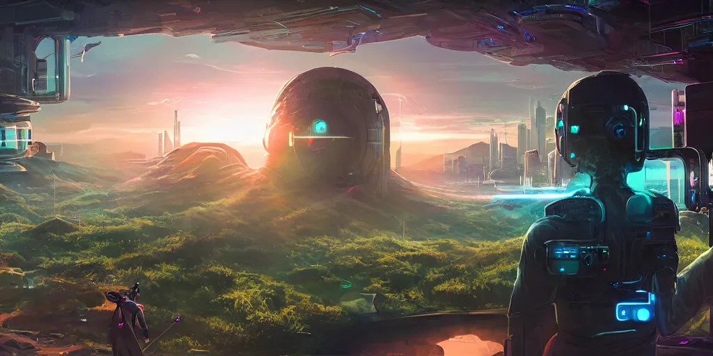 Image similar to a cinematic composition depicting : a translucid crystal being, behind their hud viewing out of their window how a high tech lush solarpunk tribe collaborating with their technologic android helpers encroaching on a distant cyberpunk world at sunrise