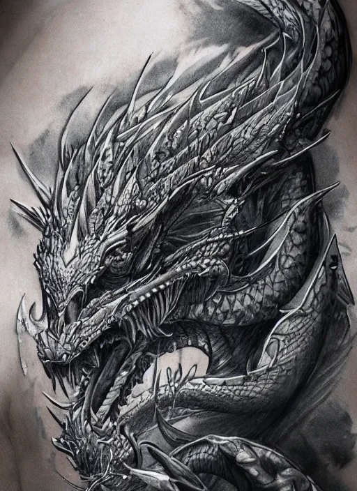 Image similar to highly detailed picture of great dragon, sketch tattoo, edge of the universe, perfectly face, highly detailed, masterpiece, trending on artstation, golden ratio, cinematic romantic magical, perfect intricate highly detailed painting by vonnart, digital art