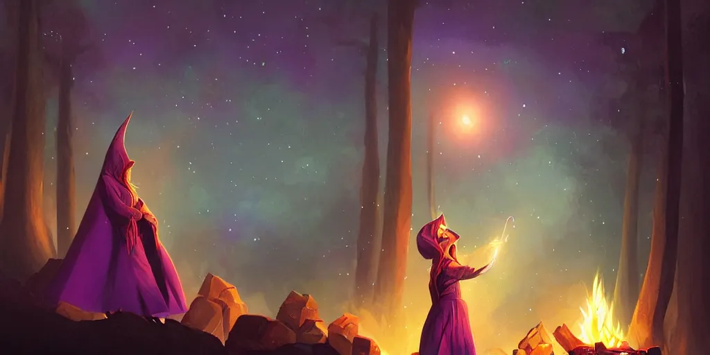 Prompt: female wizard in a starry conical hat casting a soothing purple spell near a crackling campfire at night in the woods, dramatic light, digital painting, artstation style, boris vallejo,