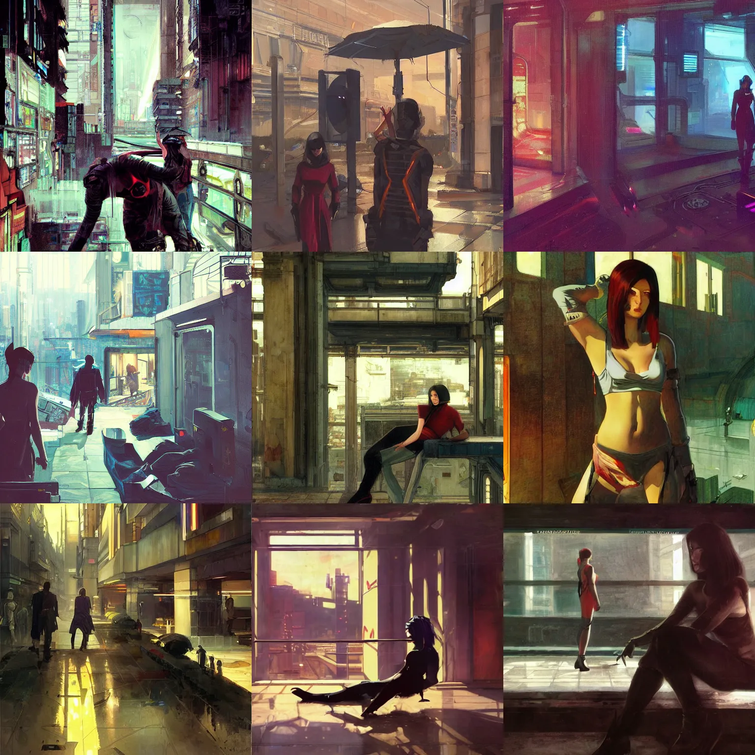 Image similar to A cyberpunk scene painted by John William Waterhouse and Ilya Kuvshinov and Edward Hopper. HD