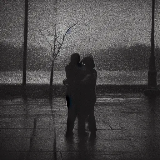 Image similar to an emotional dark picture of two shadowy figures hugging each other, it is raining heavily, 35mm, motion blur