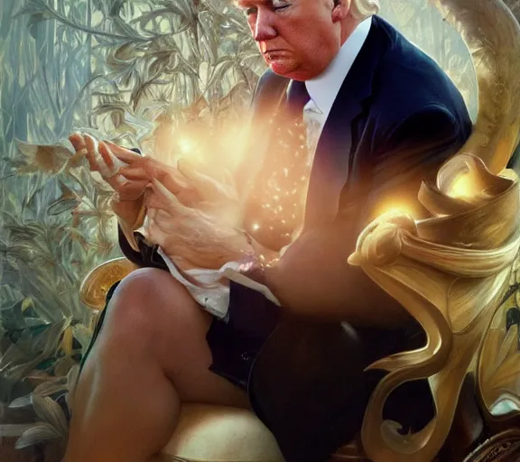 Image similar to photography of sensual donald trump, deep focus, intricate, elegant, highly detailed, digital painting, artstation, concept art, matte, sharp focus, illustration, art by artgerm and greg rutkowski and alphonse mucha and gil elvgren