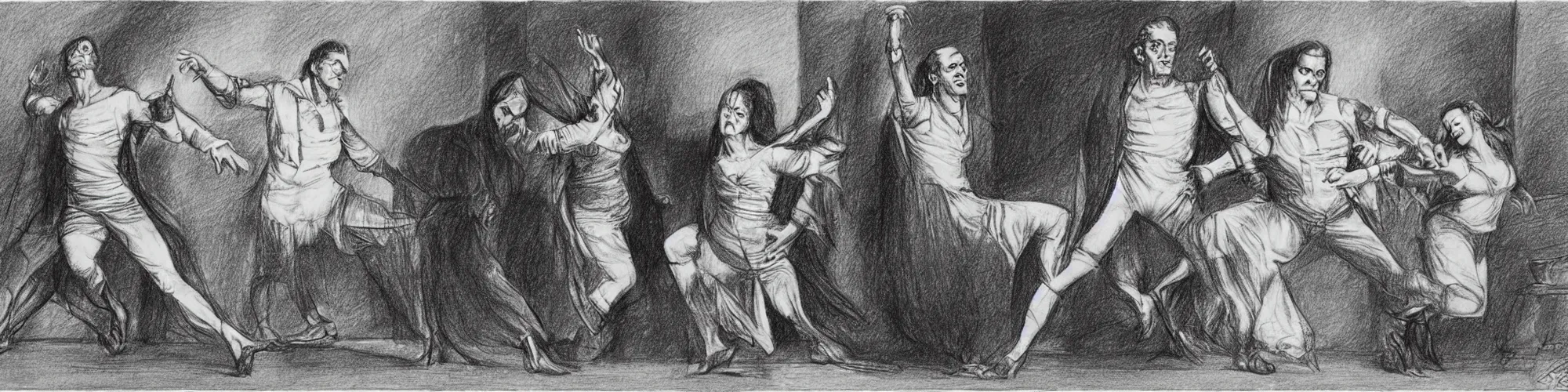 Image similar to frankenstein and his bride doing the silly walk in the ministry of silly walks, motion study, pencil drawing, very detailed, very silly