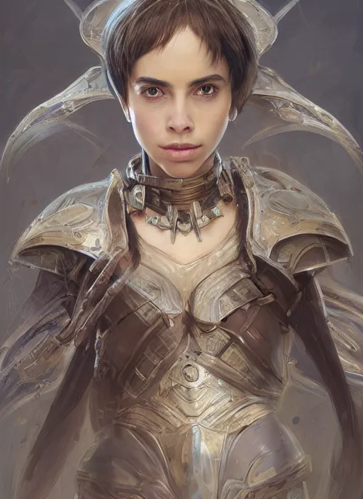 Image similar to a professional portrait of a beautiful young female, clothed in ethereal battle armor, olive skin, long dark hair, beautiful bone structure, symmetrical facial features, intricate, elegant, digital painting, concept art, smooth, sharp focus, finely detailed, illustration, from Valerian and the City of a Thousand Planets, in the style of Ruan Jia and Mandy Jurgens and Artgerm and Greg Rutkowski and William-Adolphe Bouguerea