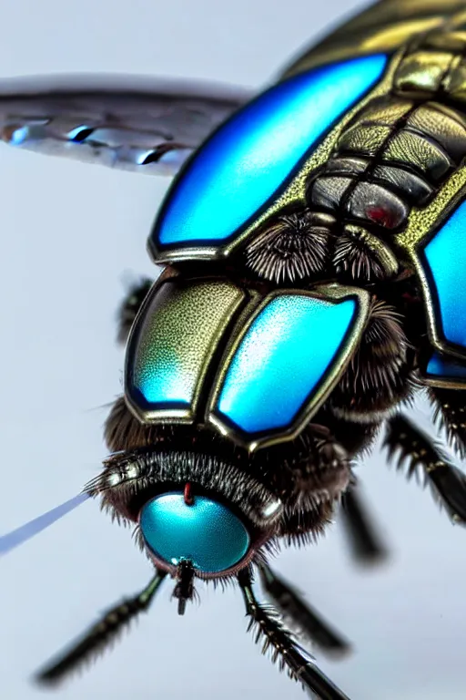 Image similar to high quality macro robot warrior metallic tachinid fly! gorgeous highly detailed hannah yata elson peter cinematic turquoise lighting high quality low angle hd 8k sharp shallow depth of field