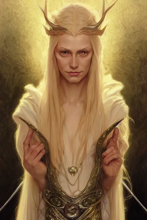 Image similar to portrait of a wise blonde elven mage, dark, piercing eyes, gentle expression, elegant clothing, photorealistic, highly detailed, artstation, smooth, sharp focus, art by michael whelan, artgerm, greg rutkowski and alphonse mucha