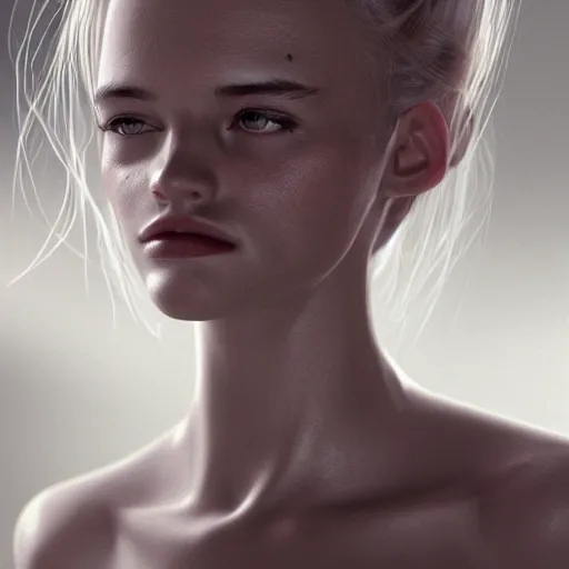 Image similar to A young beautiful female angelic-extraterrestrial-cyborg face with a very long neck, big clear eyes, thin nose, big lips, hair floating in the wind, Realistic, Refined, Digital Art, Pre-Raphaelite, Highly Detailed, Cinematic Lighting, rim light, black and white, high contrast, hyper real, photo-realistic Unreal Engine, 8K