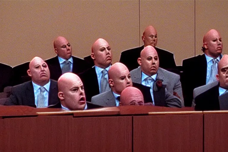 Image similar to coneheads testifying in court, detailed facial expressions